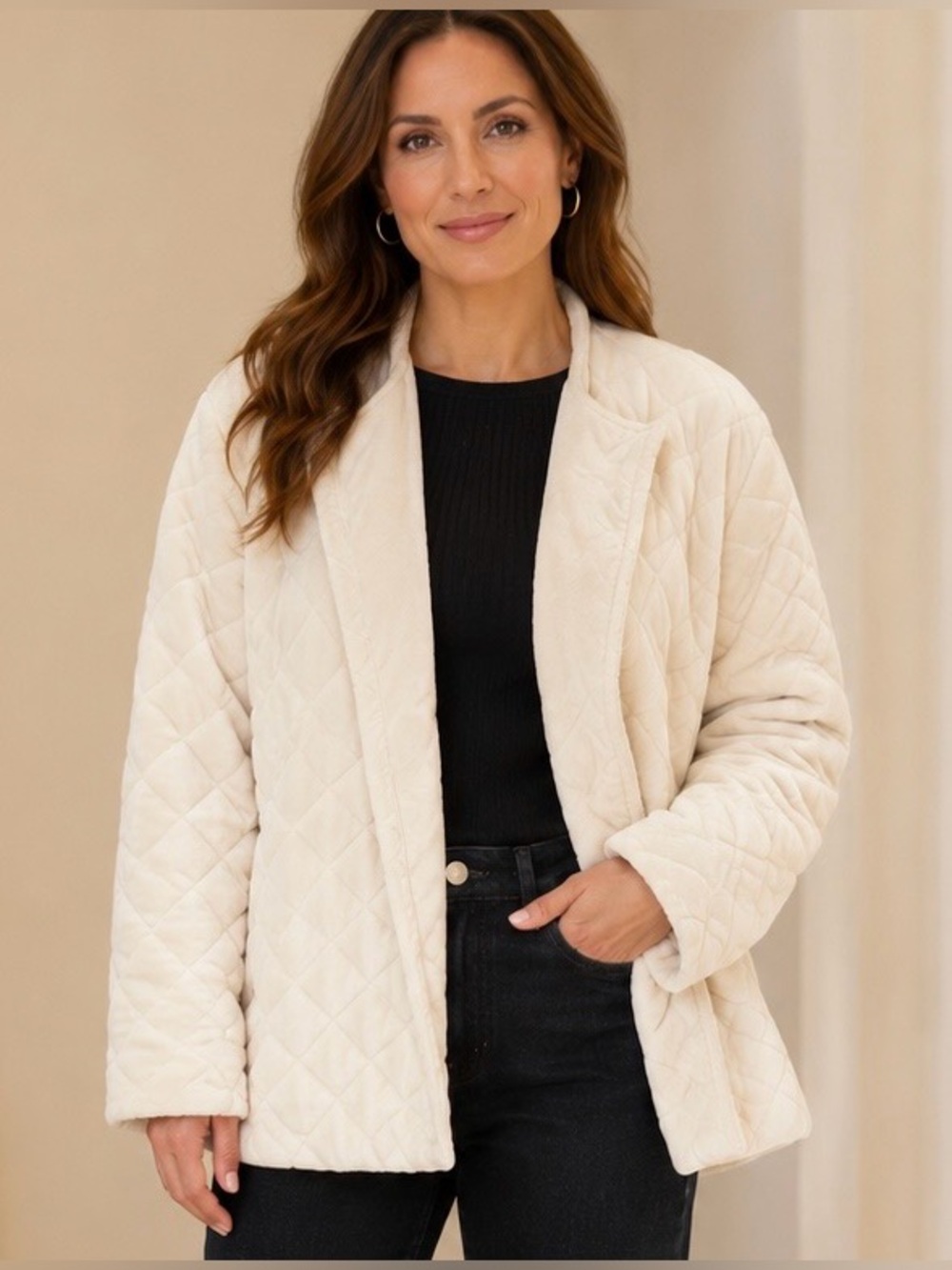 Wynne Collection 2X Ivory Quilted Plush Velour Open Front Jacket Plus Size